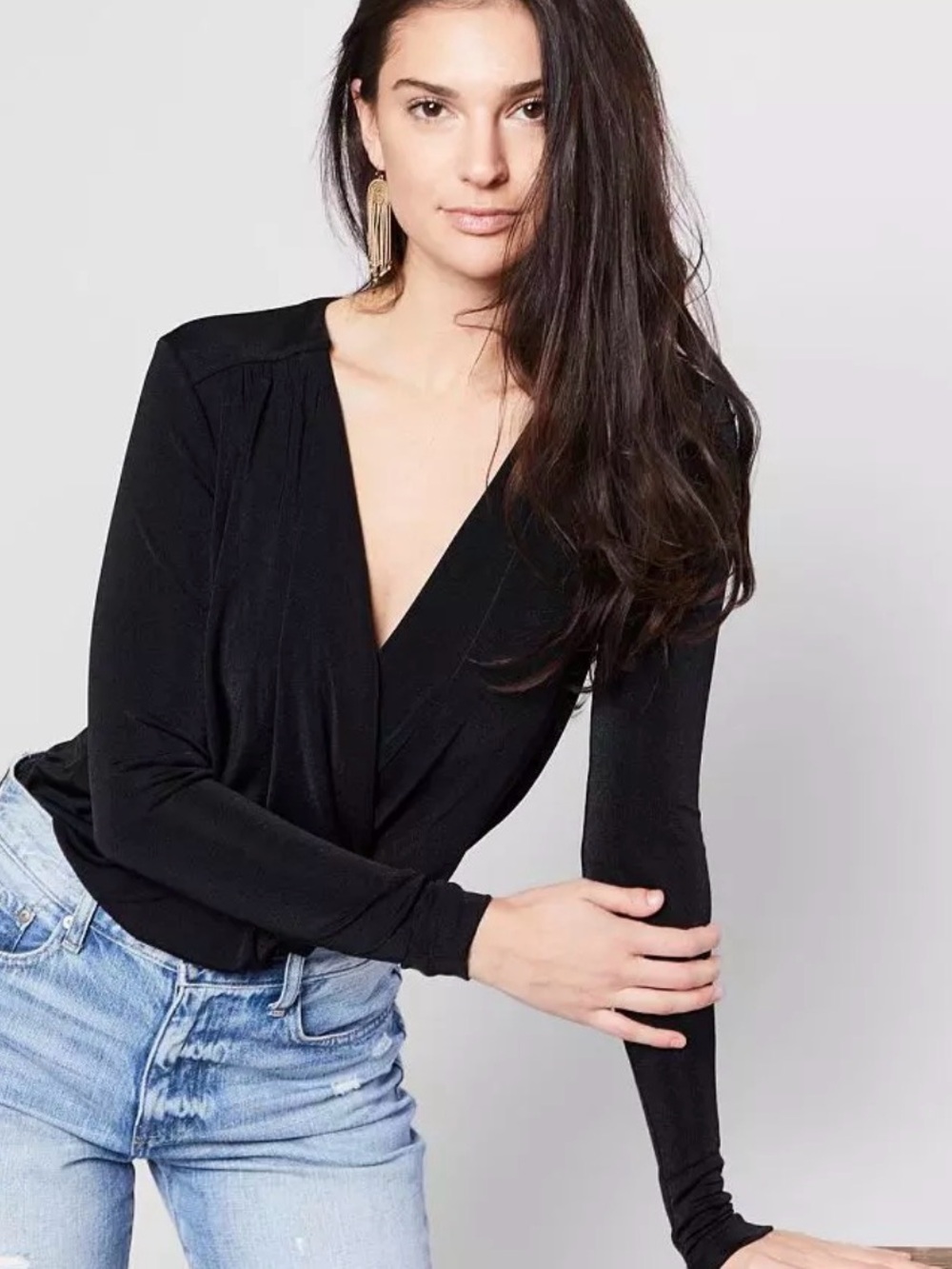 Free People Women's Black Long Sleeve Surplice V-Neck Bodysuit Sz S